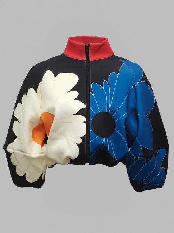 Color Flower Print Zipper Stand Collar Jackets